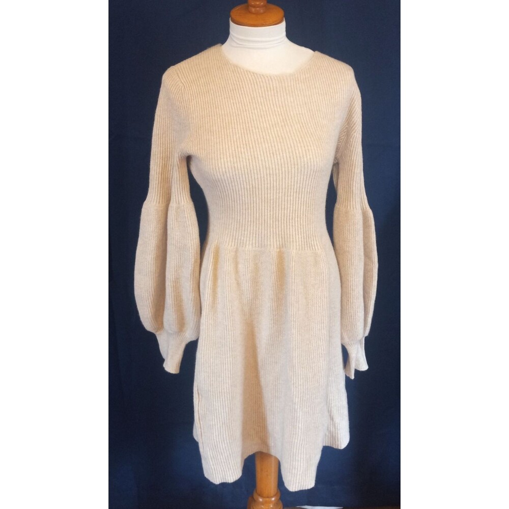 Beige Rib Knit Long Sleeve Fit and Flare Dress Size Medium NEW